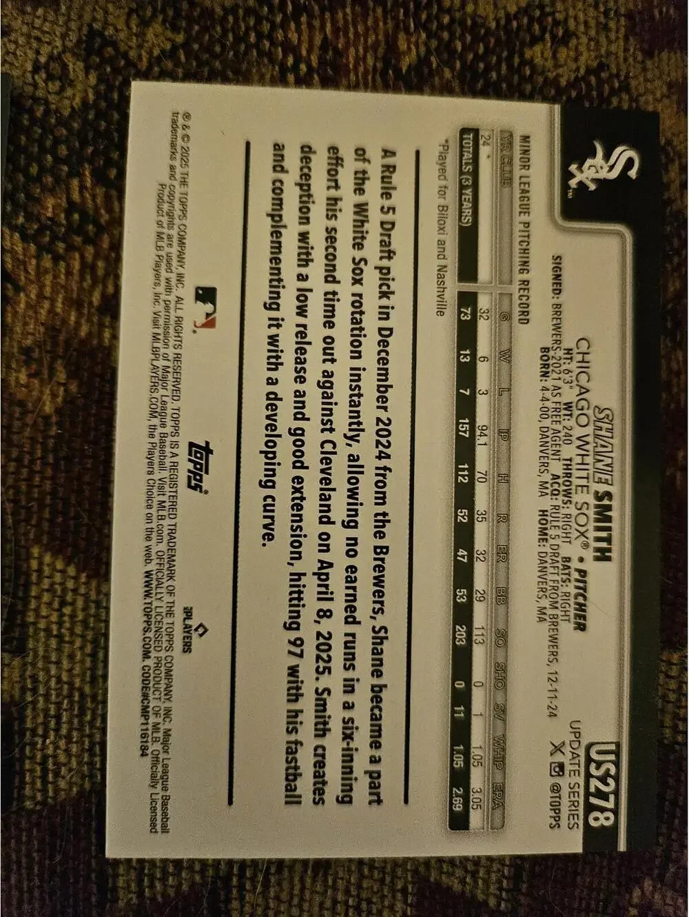 2025 Topps Update - Shane Smith - RC - #US278 - White Sox - RAW Mint - Rookie